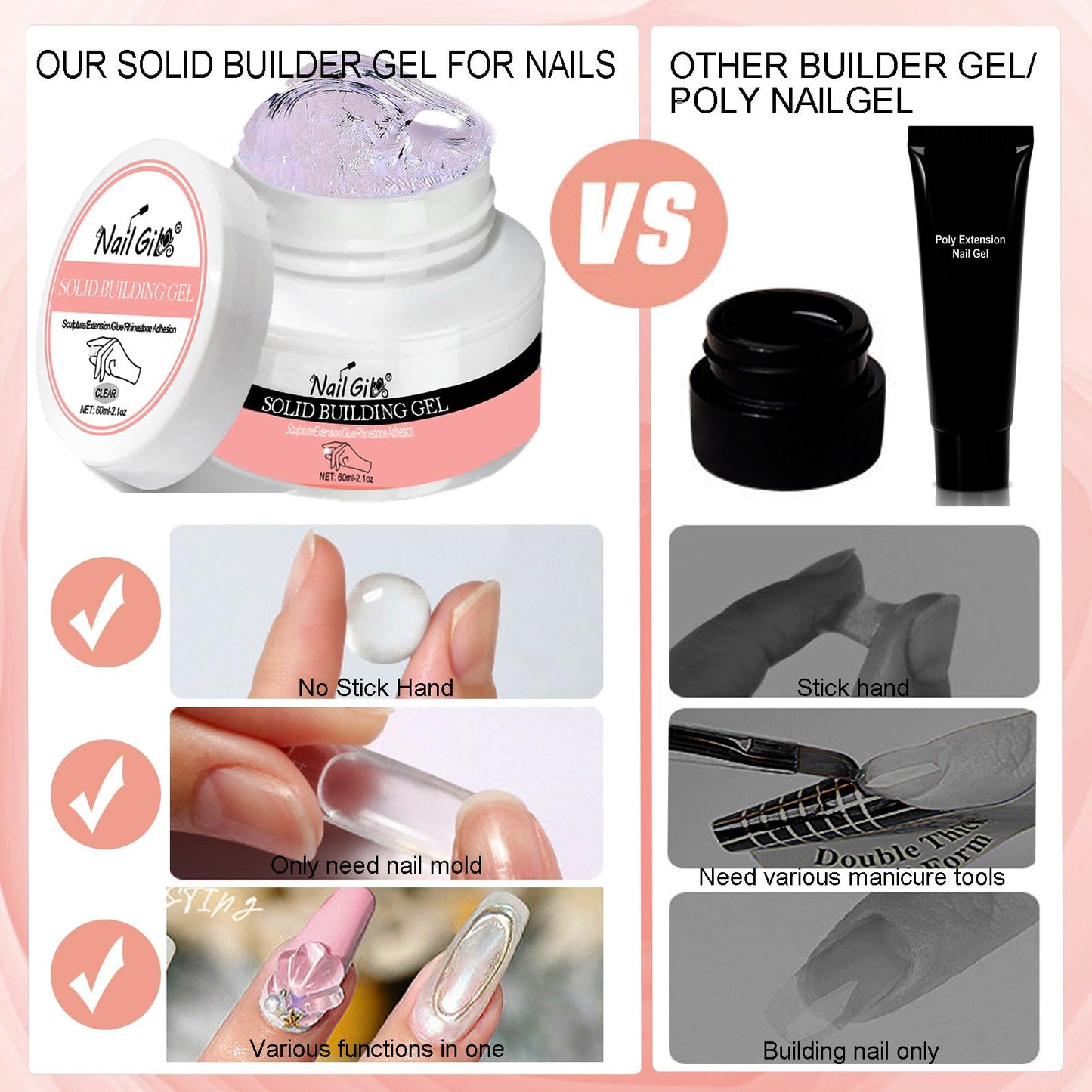NAILGIL Solid Builder Gel For Nails, 3D Nail Art Sculpture Non-Sticky Hand Clear Extension Gel Sock Off UV LED with 3D Silicone
