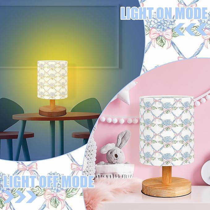 VIHOSE Blue Hydrangea Kids Table Lamp for Bedroom Kids Bedside Lamp with Linen Wooden Nightstand Cartoon Nursery Lampshade for Girls Boys Living Room
