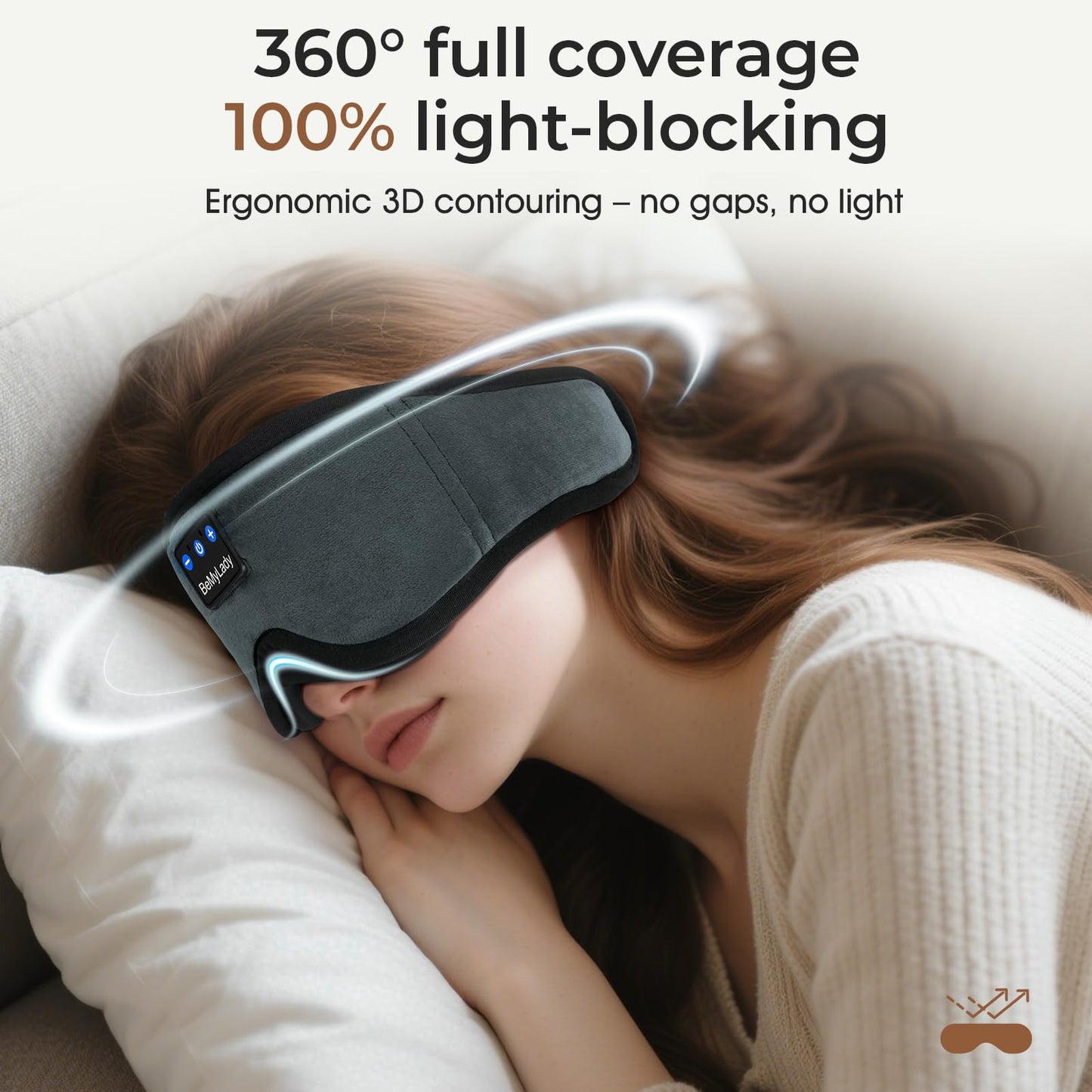 BeMyLady Sleep mask Headphones,100% Blackout 3D Zero Eye Pressure Bluetooth Sleep mask Breathable Eye mask with Bluetooth Headphones Sleep Headphones for Side Sleepers, 14H Playtime&Bluetooth 5.4 Grey