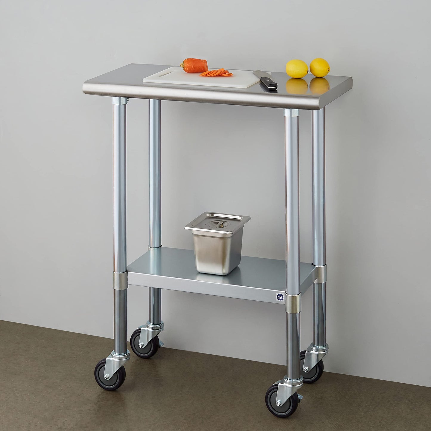 ROCKPOINT Stainless Steel Table for Prep & Work with Caster Wheels 14x30 Inches, NSF Metal Commercial Kitchen Heavy Duty Table with Adjustable Under Shelf and Table Foot for Restaurant, Home and Hotel
