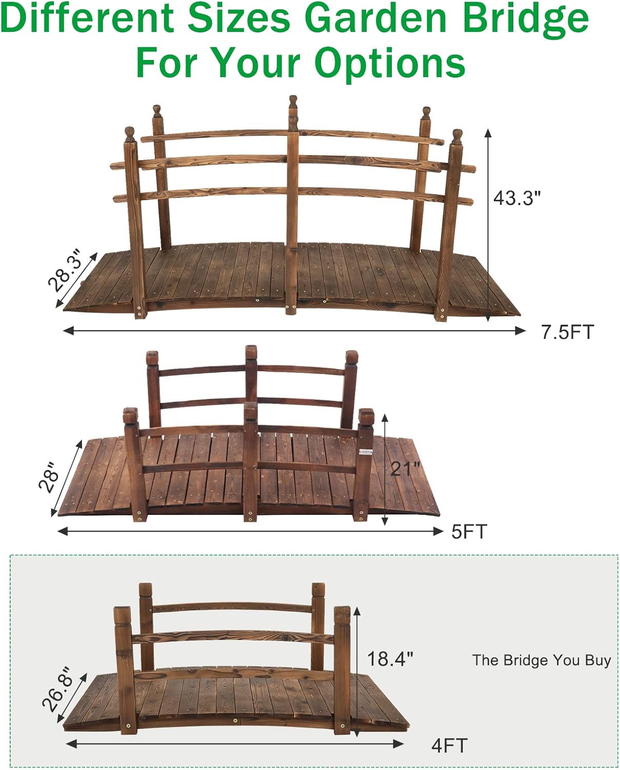 VINGLI 4 ft Garden Bridge, Arch Walkway Wooden Bridge with Safety Rails Carbonized Finished, Decorative Landscaping Footbridge for Koi Pond, Dry Creek Bed, Garden Pathway or Rustic Wedding Decor