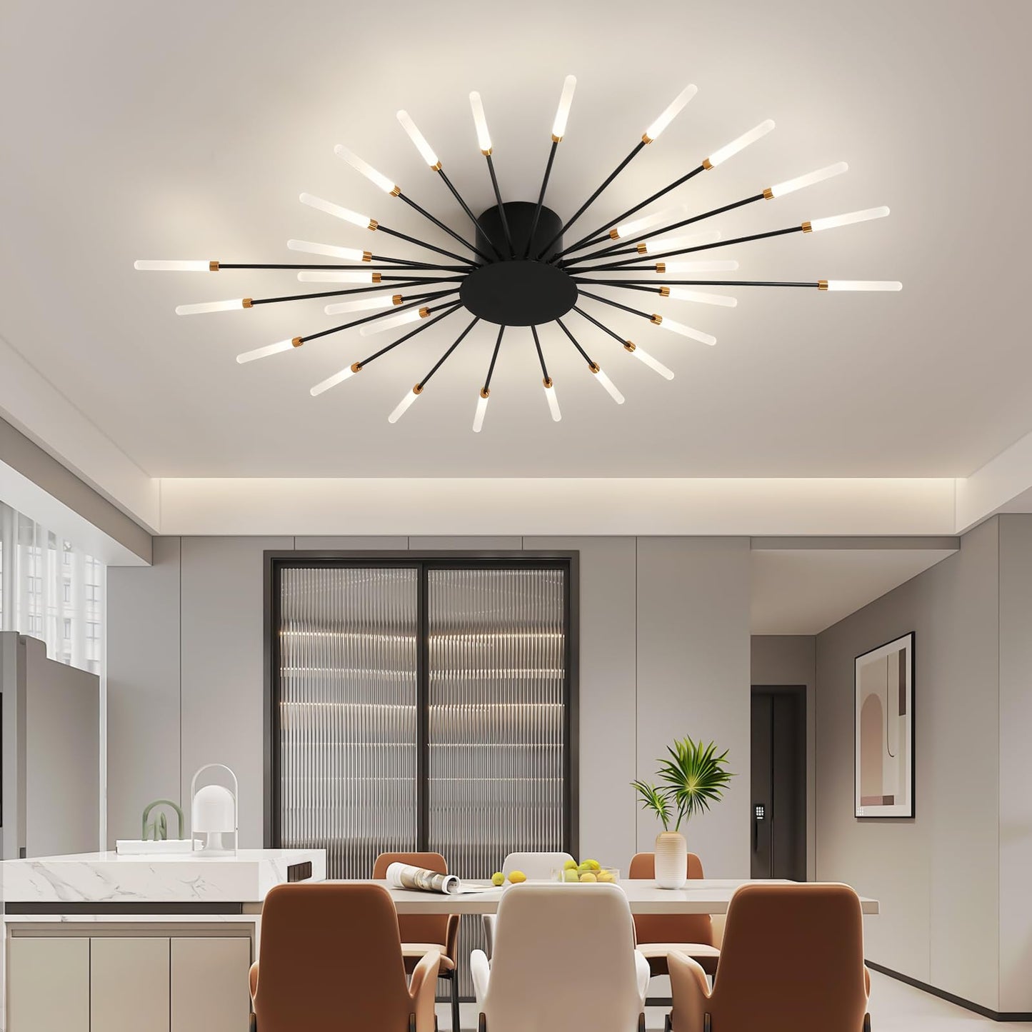 Ziidoo Modern Ceiling Light Fixtures 28 Lights Metal Firework Designed Chic Led Lighting For Farmhouse Kitchen Dining Room Bedroom Hallway Living Room (Black)