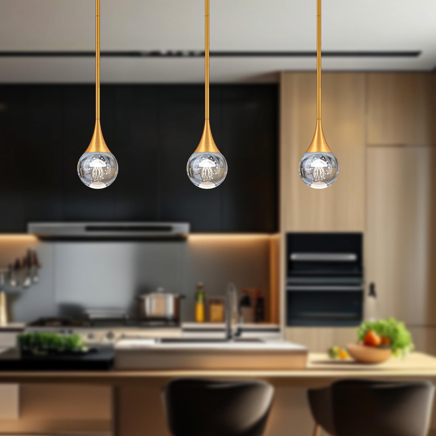 1-Pendant Lights Kitchen Island Brass Gold Globe Crystal Ceiling Hanging Light Fxitures Led Light Fixtures Metal Rod Ceiling Glass Pendant Lighting For Kitchen Island Dining Room Bar