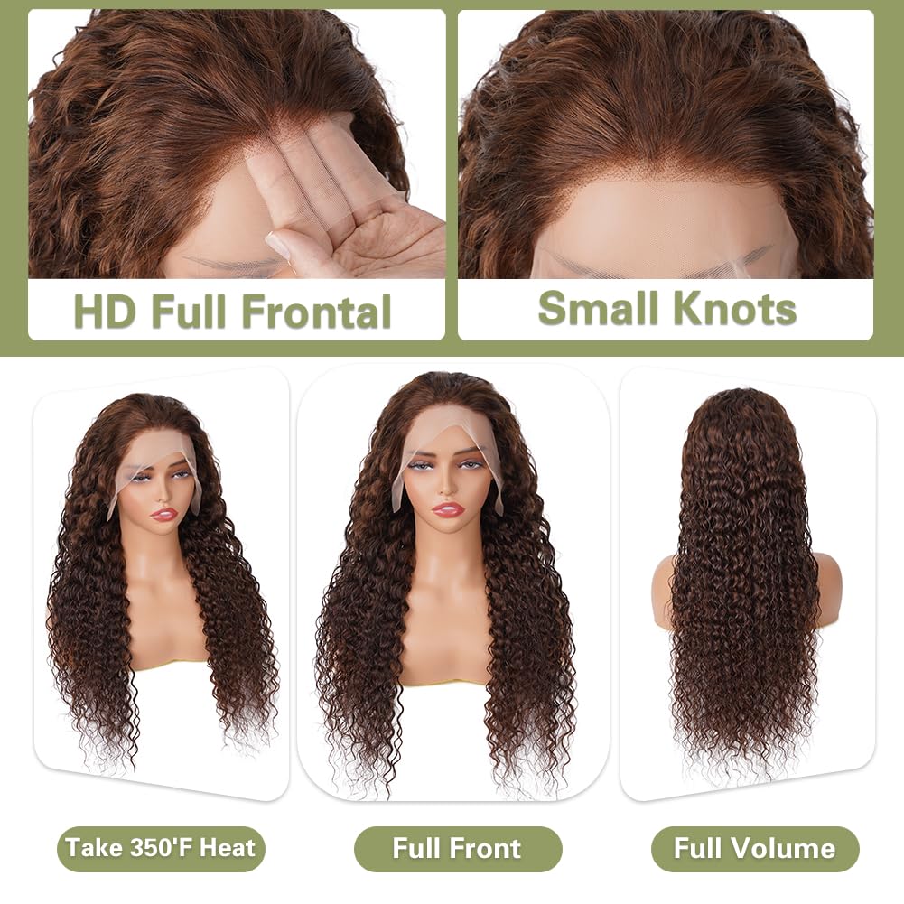 Chocolate Brown Lace Front Wig 13x4 Water Wave Lace Front Wigs Human Hair Pre Plucked 180 Density Deep Curly Brown Wet And Wavy