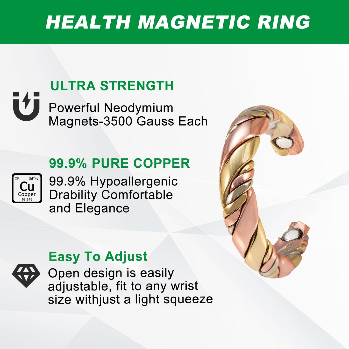 Wollet Tri Tone Braide Copper Magnetic Ring for Women, Magnetic Ring with 3 Colors, 99.9% Solid Pure Copper Ring with Magnets Ad