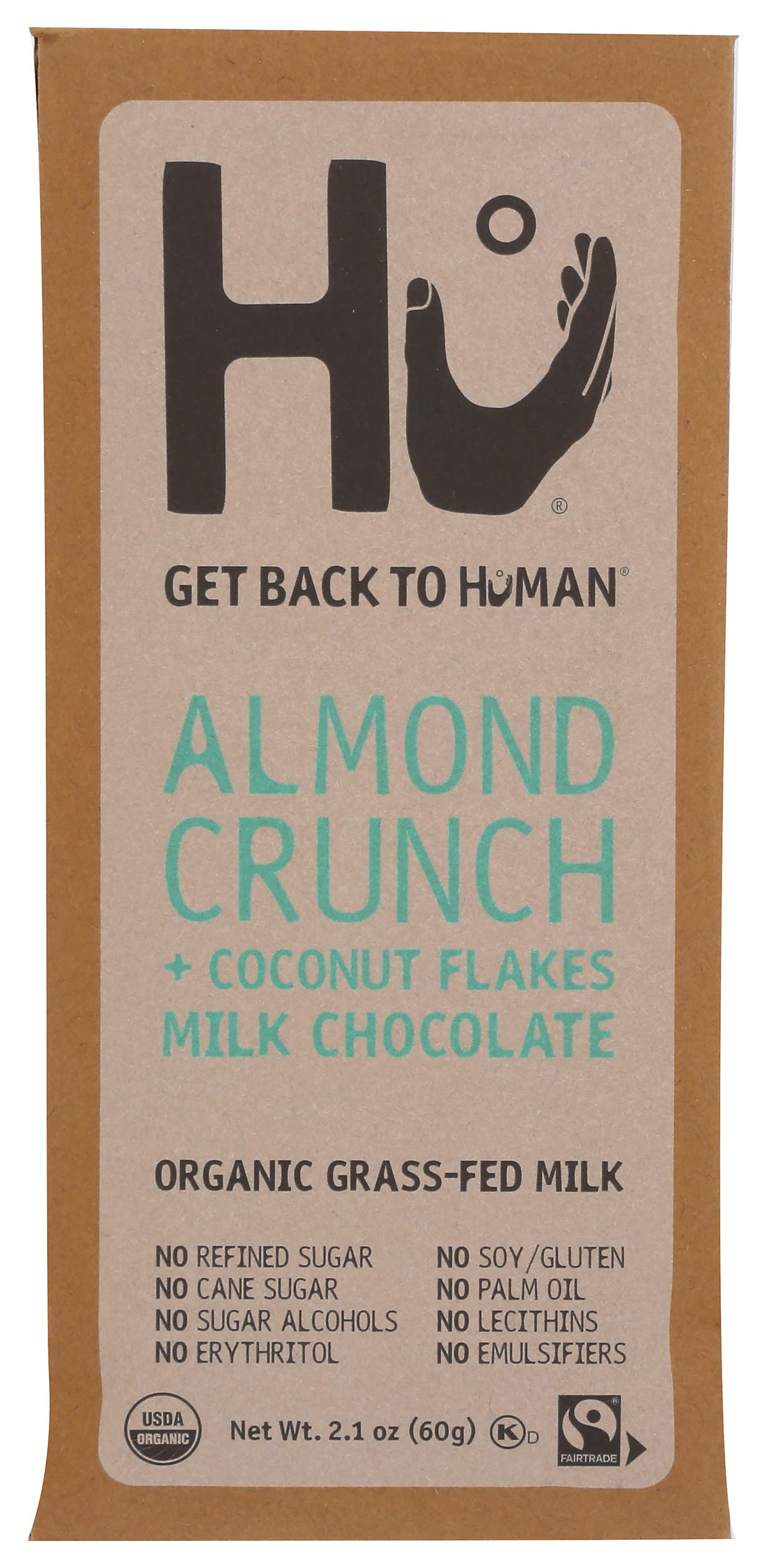 HU Organic Almond Crunch + Coconut Flakes in Milk Chocolate Bar, Gluten Free, No Refined Sugar, 2.1 Ounces (Pack Of 6)