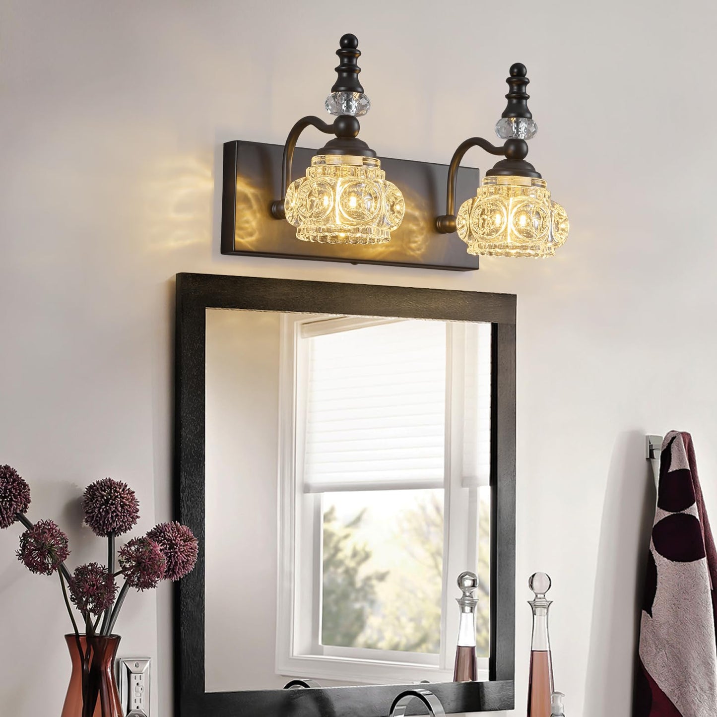 Lbsqj Modern Glass Crystal Bathroom Vanity Light Indoor Wall Lamp Black Vintage Wall Sconces 2-Lights Vanity Lighting Wall Mounted Sconce Wall Lighting