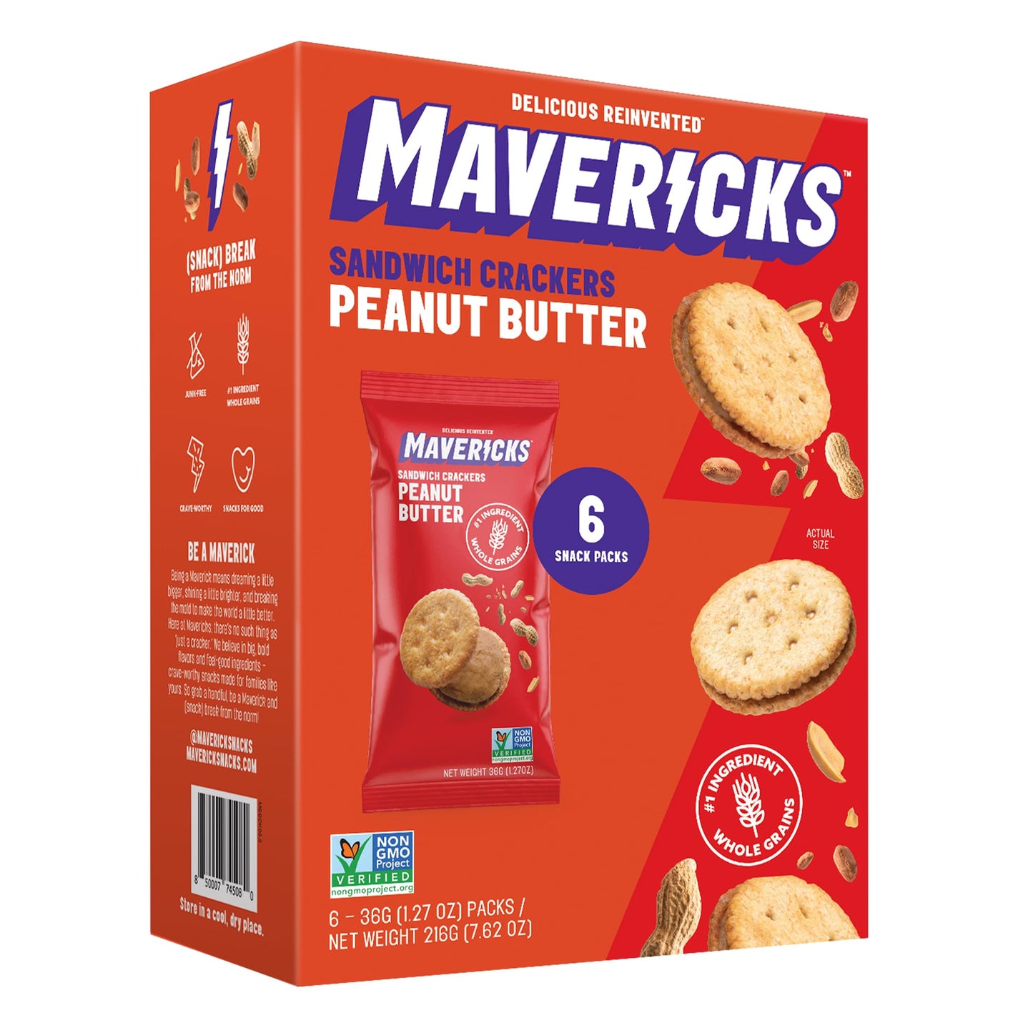 Mavericks Sandwich ers Peanut Butter - Plant-Based Peanut Butter Sandwich Snack ers Whole Grain Non-GMO - 1 Box (6 Snack Packs)