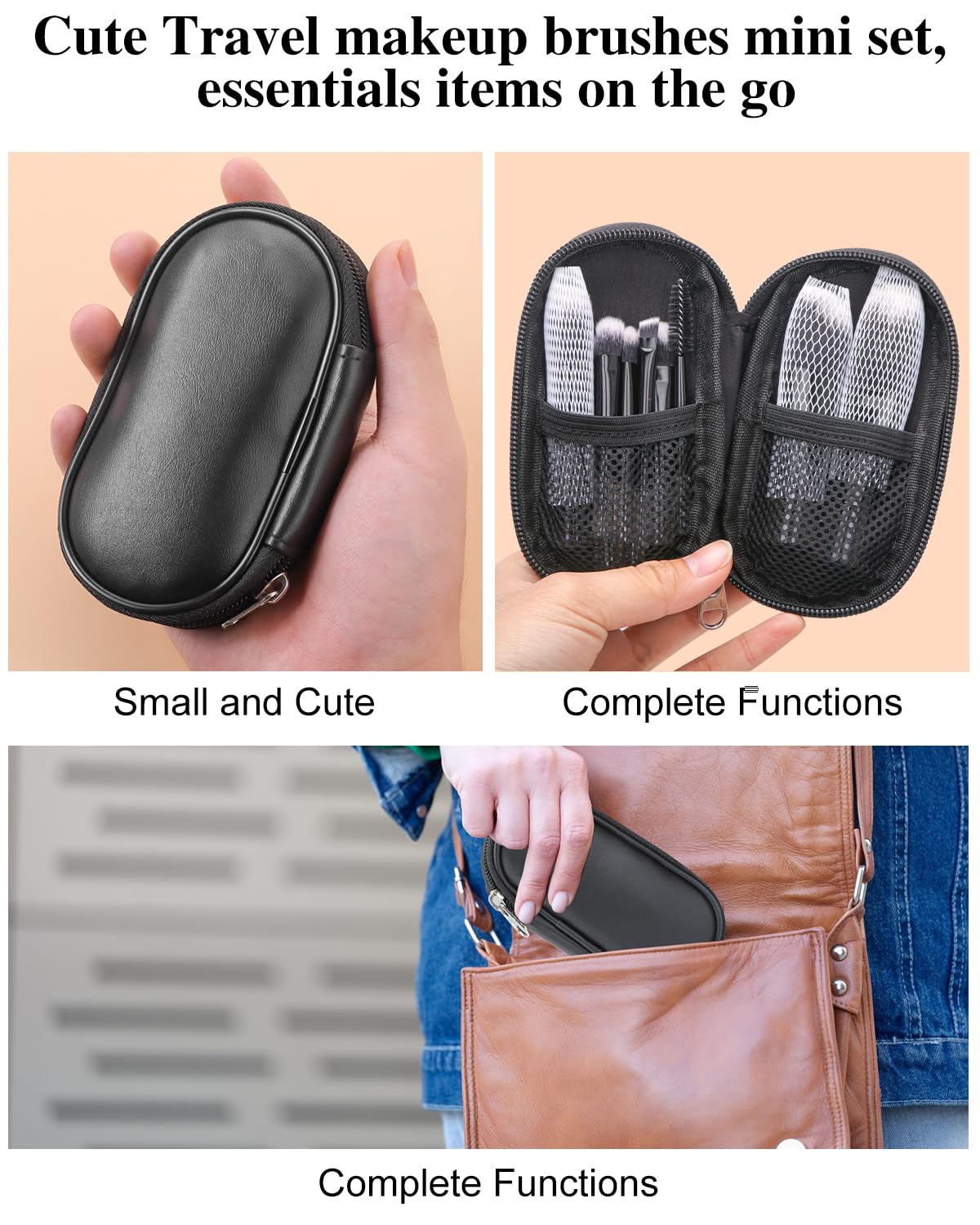 PGRODE Mini Travel Makeup Brushes Portable Set, 14 Pieces, Full Complete Function Cosmetic Kit with Brush Pouch, On the Go Short