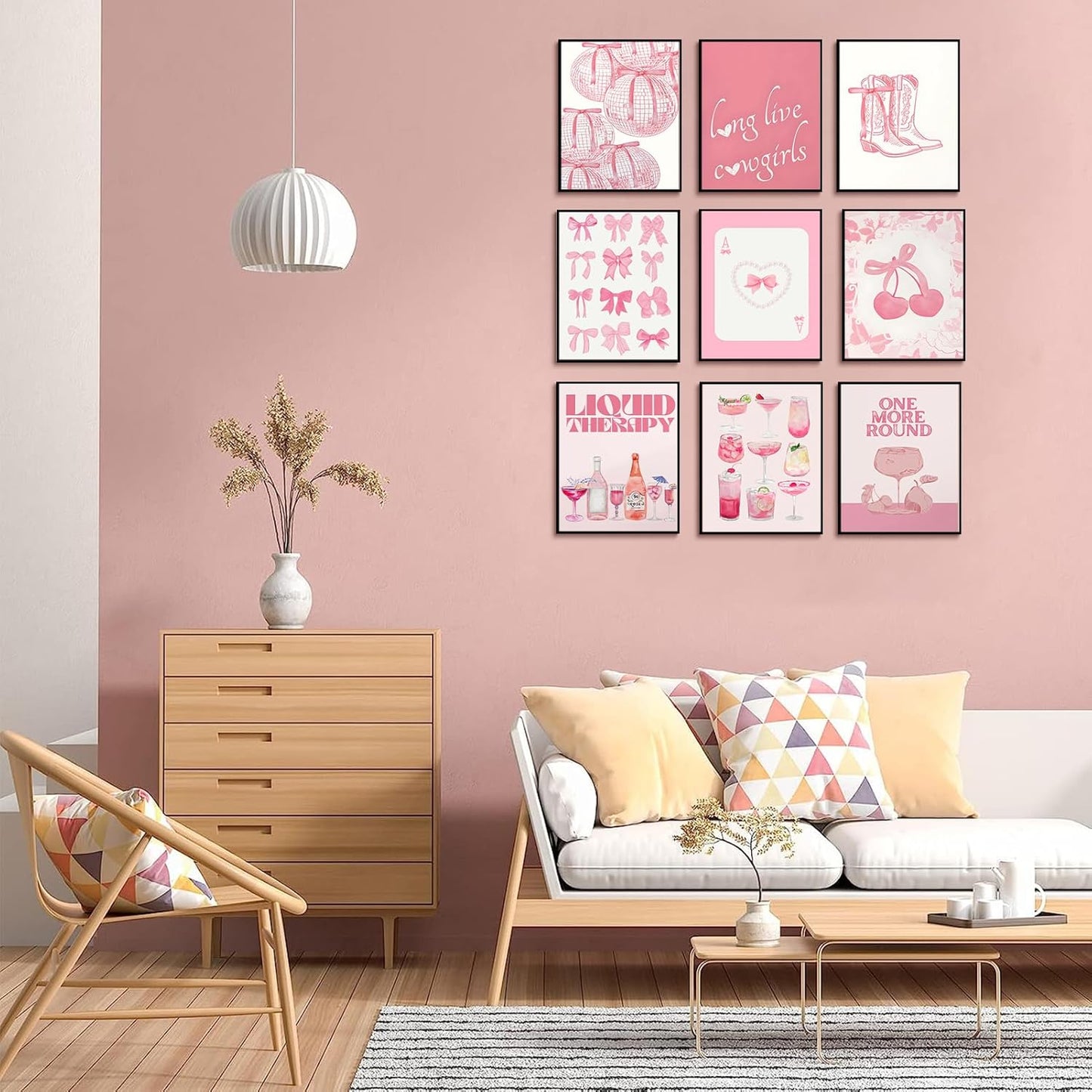 9Pcs Trendy Pink Bows Wall Art Prints Retro Bar Cart Champagne Cocktail Disco Ball Posters Long Live Cowgirls Preppy Coquette Room Decor Aesthetic Pictures for Girly Dorm Apartment Bedroom 8x10in