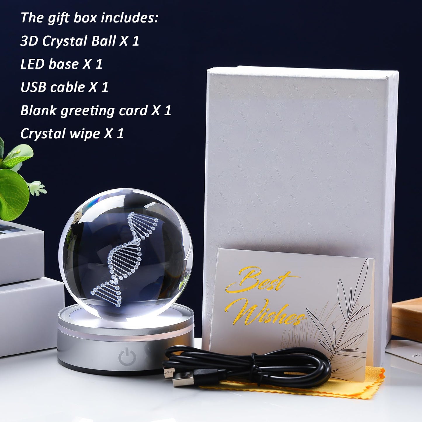 Enjinkail Dna Crystal Ball With Led Base - Unique 3D Laser Engraved Science Decor Gift For Biology Teachers Medical Students & Science Lovers Classroom Lab Decor Night Light