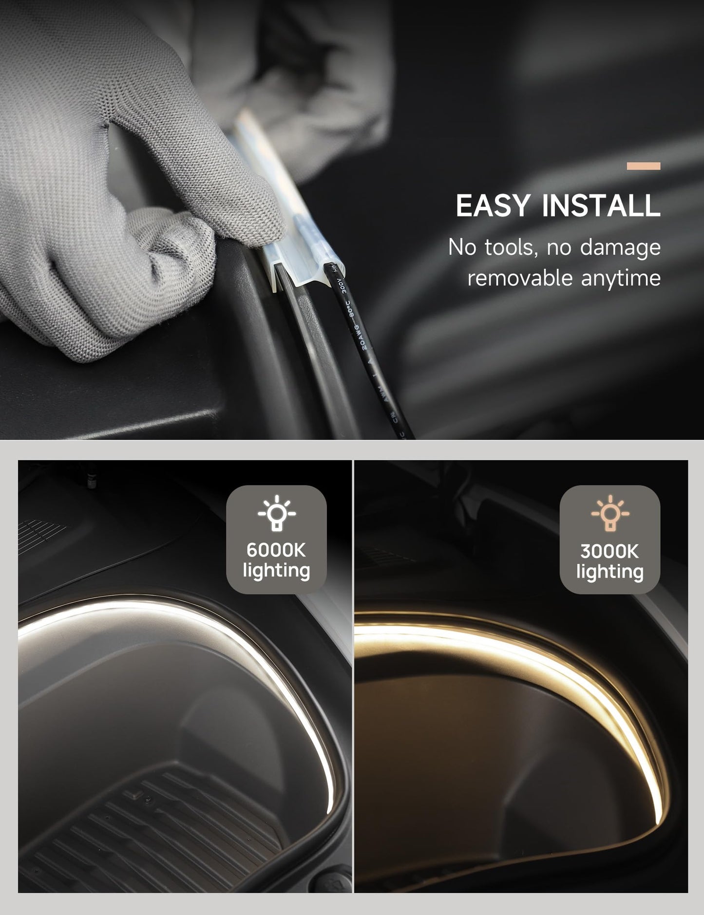 Tparts Frunk Led Strip For Tesla Model 3 Highland 2024 2025+ Flexible Silicone Waterproof Interior Lighting Bar Easy Installation Model 3 Front Trunk Accessories Ambient Lights(Cool White Light)