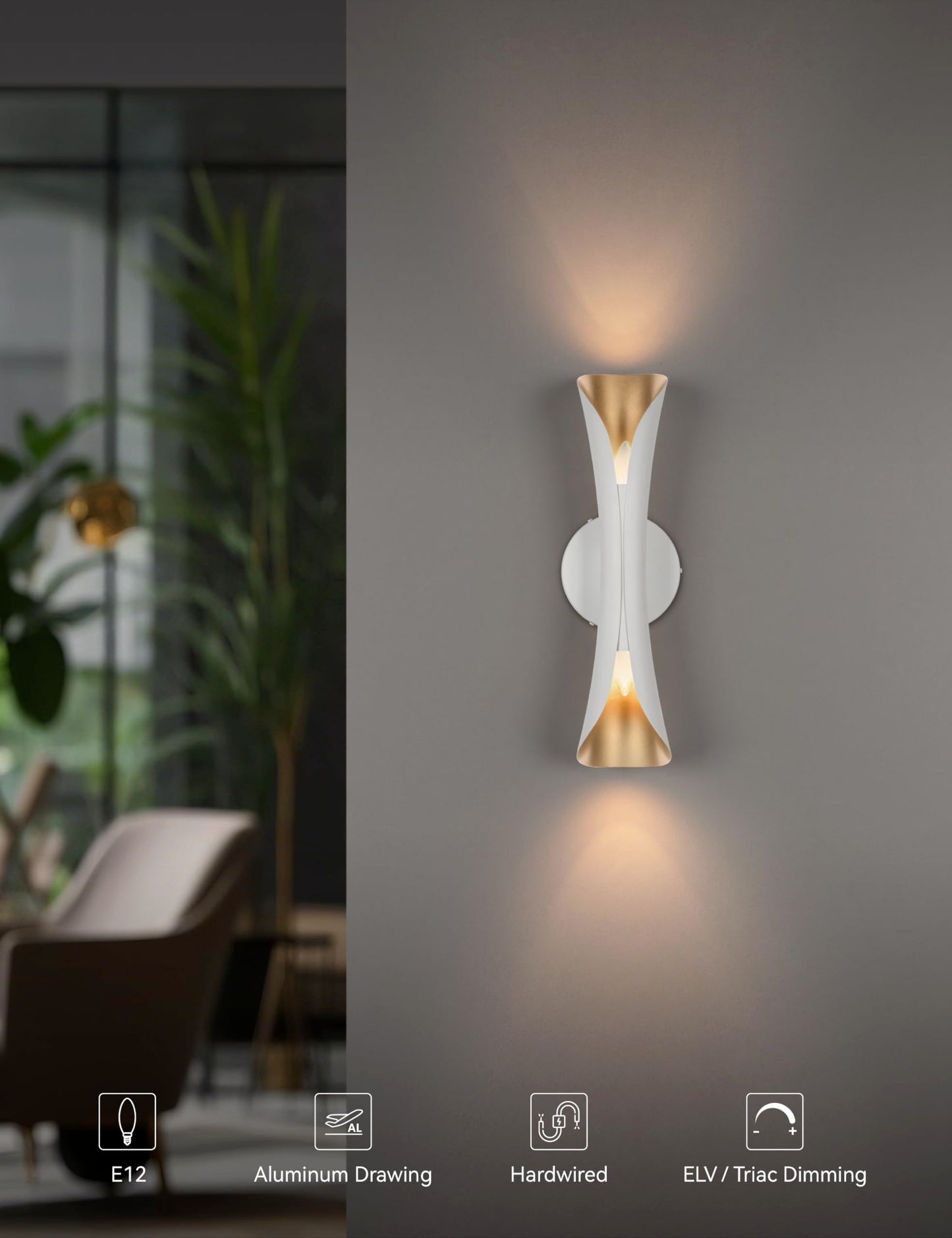 Tubicen Wall Sconce Up And Down Wall Light Indoor Dimmable E12 Home Theater Sconces Wall Lighting 15.7 H Sleek Modern Wall Lights For Living Room Bedroom Stairway Hardwired