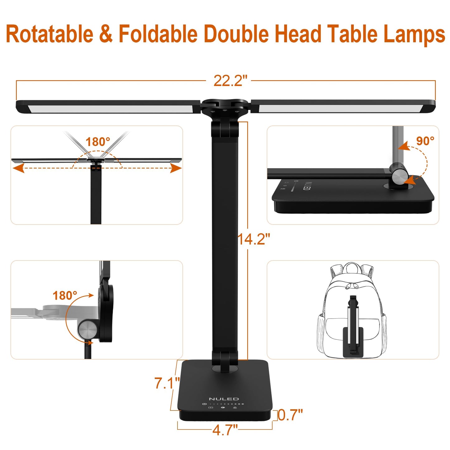 NUNET LED Desk Lamp, Rotatable Aluminum, USB Charging Port, Glossy Black, Model NULED-MSL2black