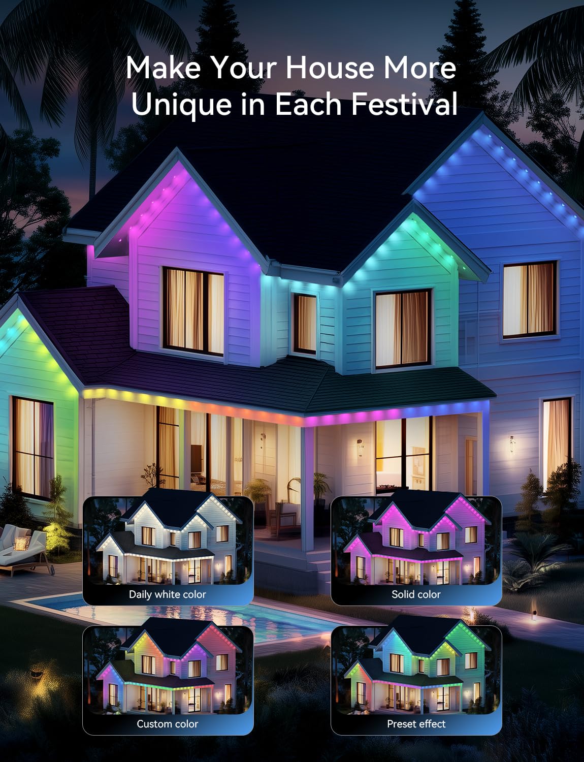 Lemonlovely Permanent Outdoor Lights For House -Eaves Lights 150Ft With 75 Ic+Rgbcw Led Ip67 Waterproof Smart Outside Led Christmas Light With App/Remote Eternity Lighting For Holiday/Daily