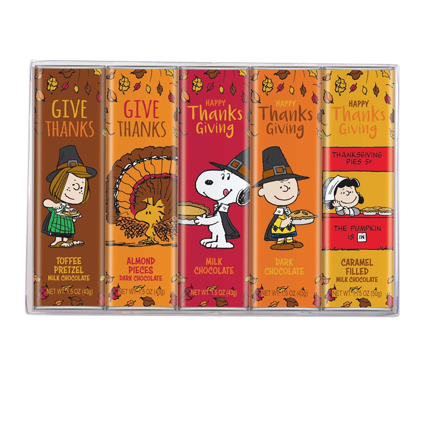 Peanuts Thanksgiving Candy Individually Wrapped Chocolate Variety Gift Box Snoopy Gourmet Bar Snack Set Gifts for mature-themeds and Kids Rich Belgian Chocolate Give Thanks Consumable Gift Kosher 1.75oz 5-Bars.