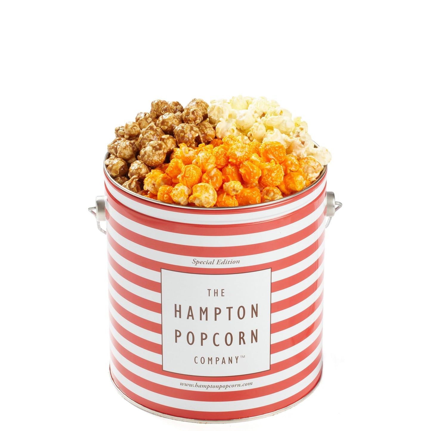 3 Flavor 1 Gallon Gourmet Popcorn Tin Butter Caramel & Orange Cheddar Cheese The Hampton Popcorn & Candy Company (10.5 Oz. 1 Gallon Tin)