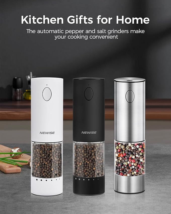 Electric Salt and Pepper Grinder Rechargeable with Light, Electric Salt and Pepper Shakers, Automatic & Adjustable Coarseness, Kitchen Gadgets, White