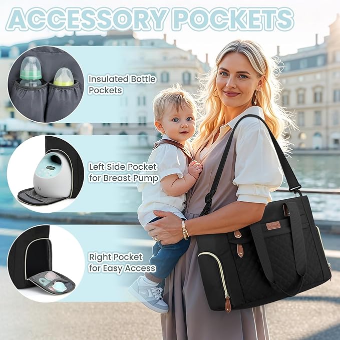 Diaper Bag Tote for Working Mom, Large Travel Diaper Tote for Mom and Dad with 14 Inch Laptop Sleeve, Mommy Maternity Travel Baby Bag for Boys and Girls, Black