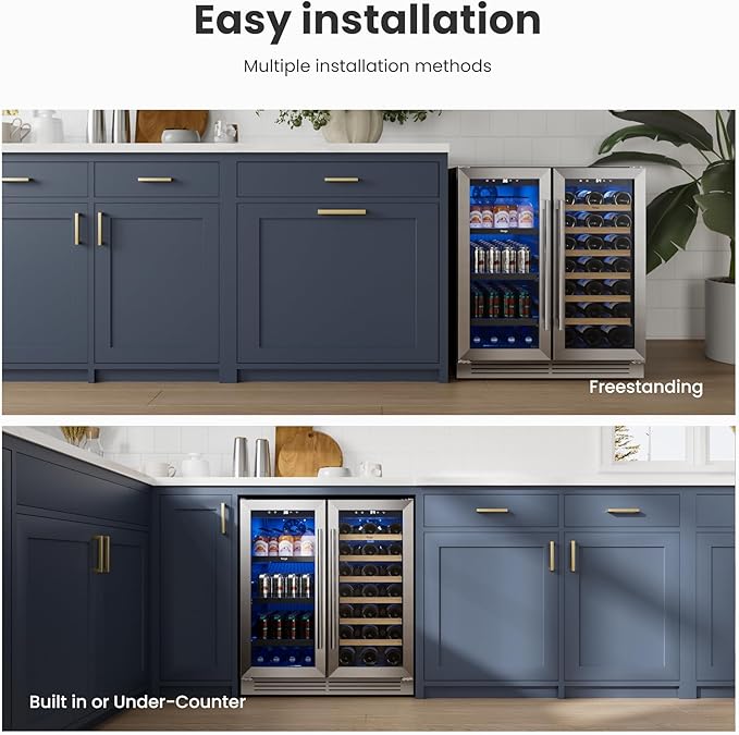 Yeego Wine and Beverage Refrigerator, 30" Dual Zone Upgraded Wine Beverage Cooler Built-In or Freestanding Wine Fridge with Glass French Door,Large Capacity Beer Fridge Holds 80 Can & 33 Bottle