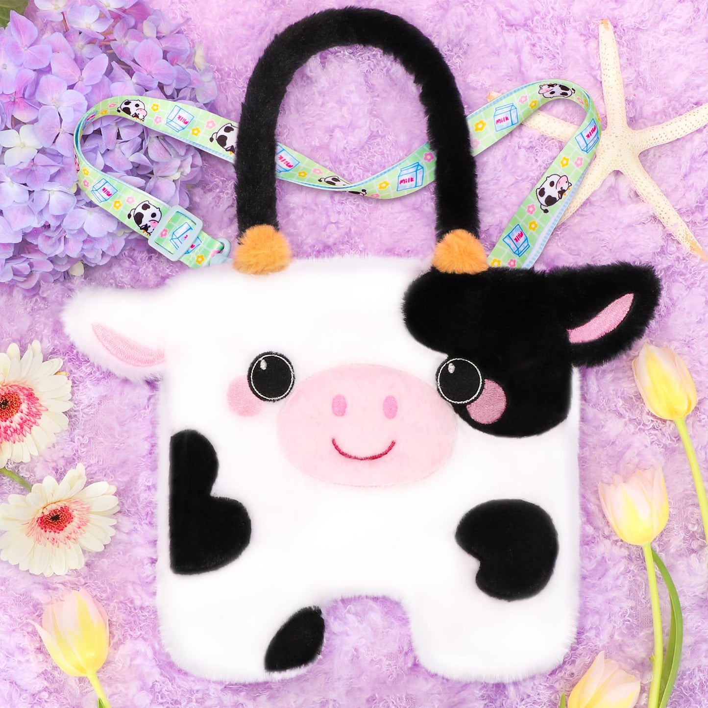 CatchCute Cow Plush Bag Crossbody Bag for Kids, Plush Handbag Tote Bag with Adjustable Strap,Soft Plush Cow Stuffed Purse with Zipper,Coin Pouch Accessories for Toddlers Kids
