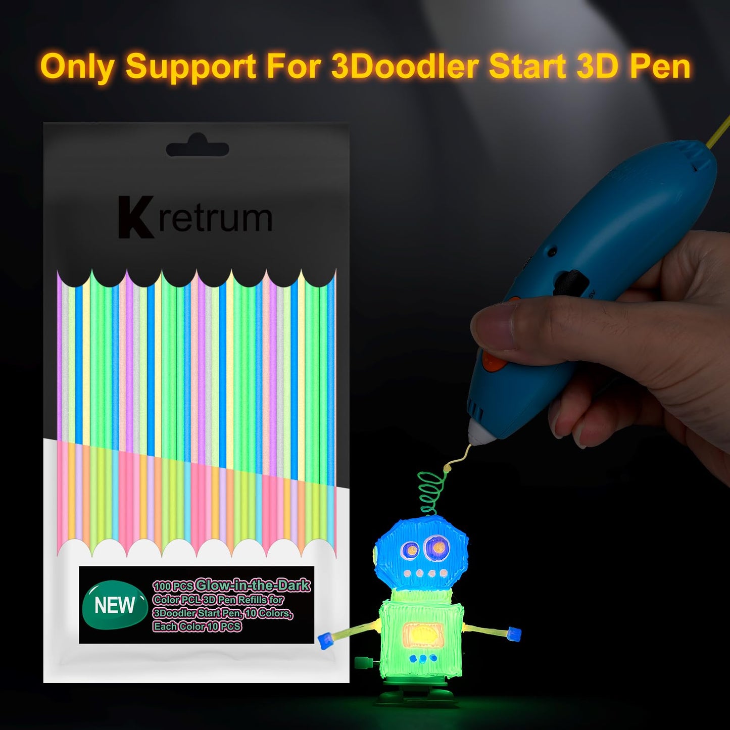 Kretrum Glow in The Dark 3D Doodler Pen Refills for 3Doodler Start+ 3D Pen 2.5mm PCL Filament Refills Packs 10 Colors Glow Filament Each Color 10 pcs Total 100 pcs Only Fit for 3Doodler Start Pen