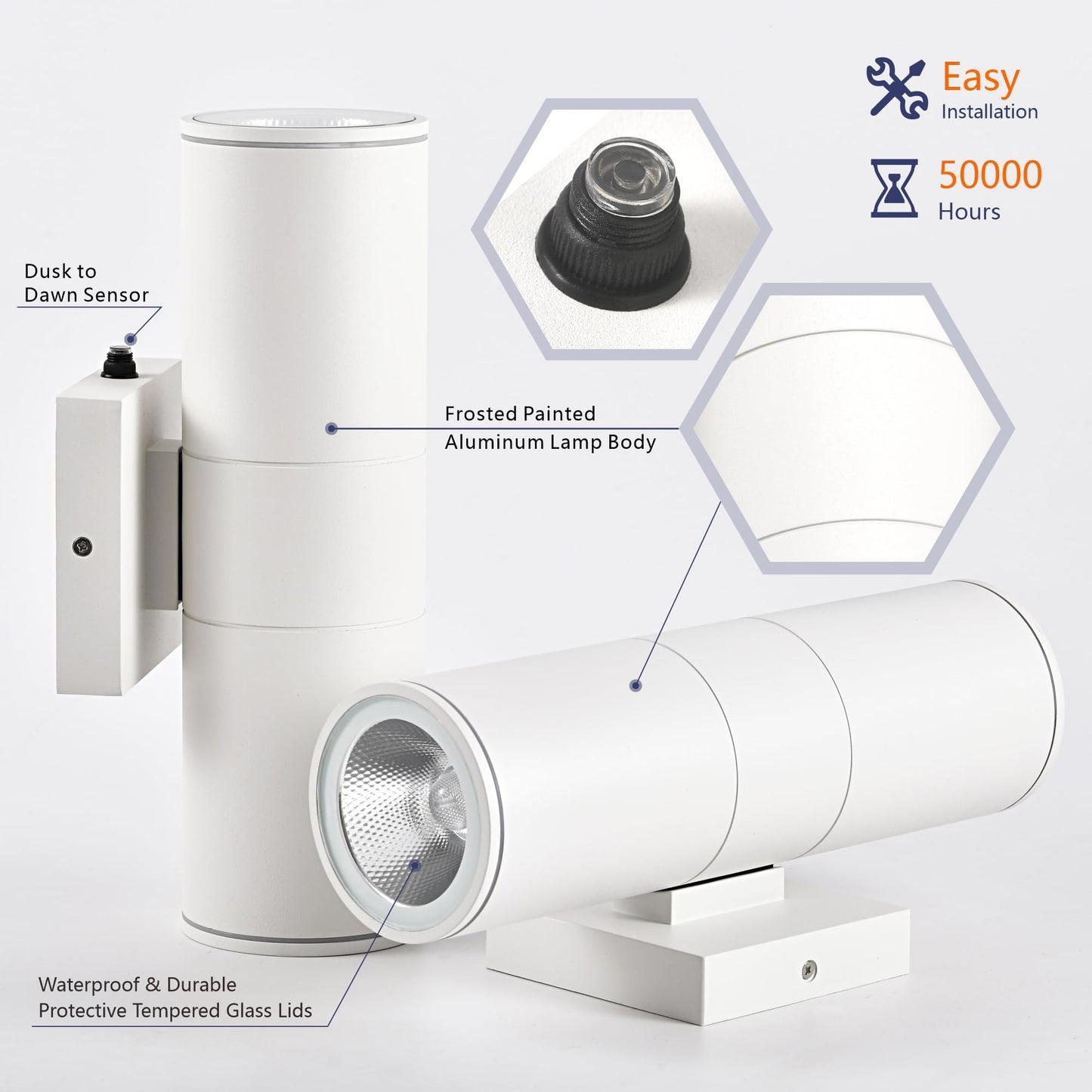 Dakaful Dusk To Dawn Outdoor Lighting Sensor Wall Lights 2Pack 12W 2700K Integrated Led Cylinder Up Down Lights Outdoor Ip65 Waterproof Aluminum Exterior Wall Sconce For Porch Patio.