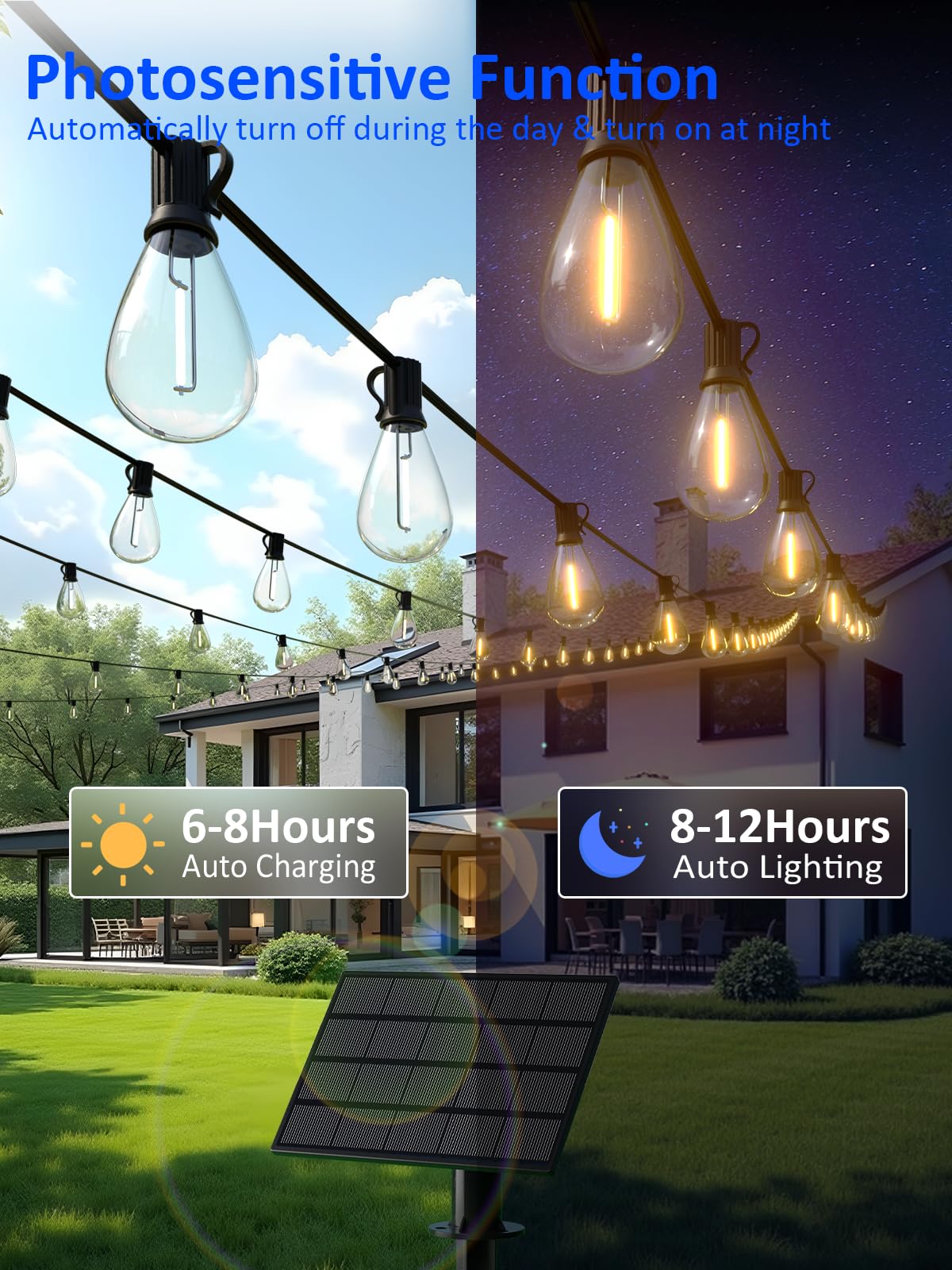 luckystyle Solar String Lights 29FT Black 10+1 LED Bulbs Waterproof Commercial Grade USB Powered for Outdoor Patio Garden Decor