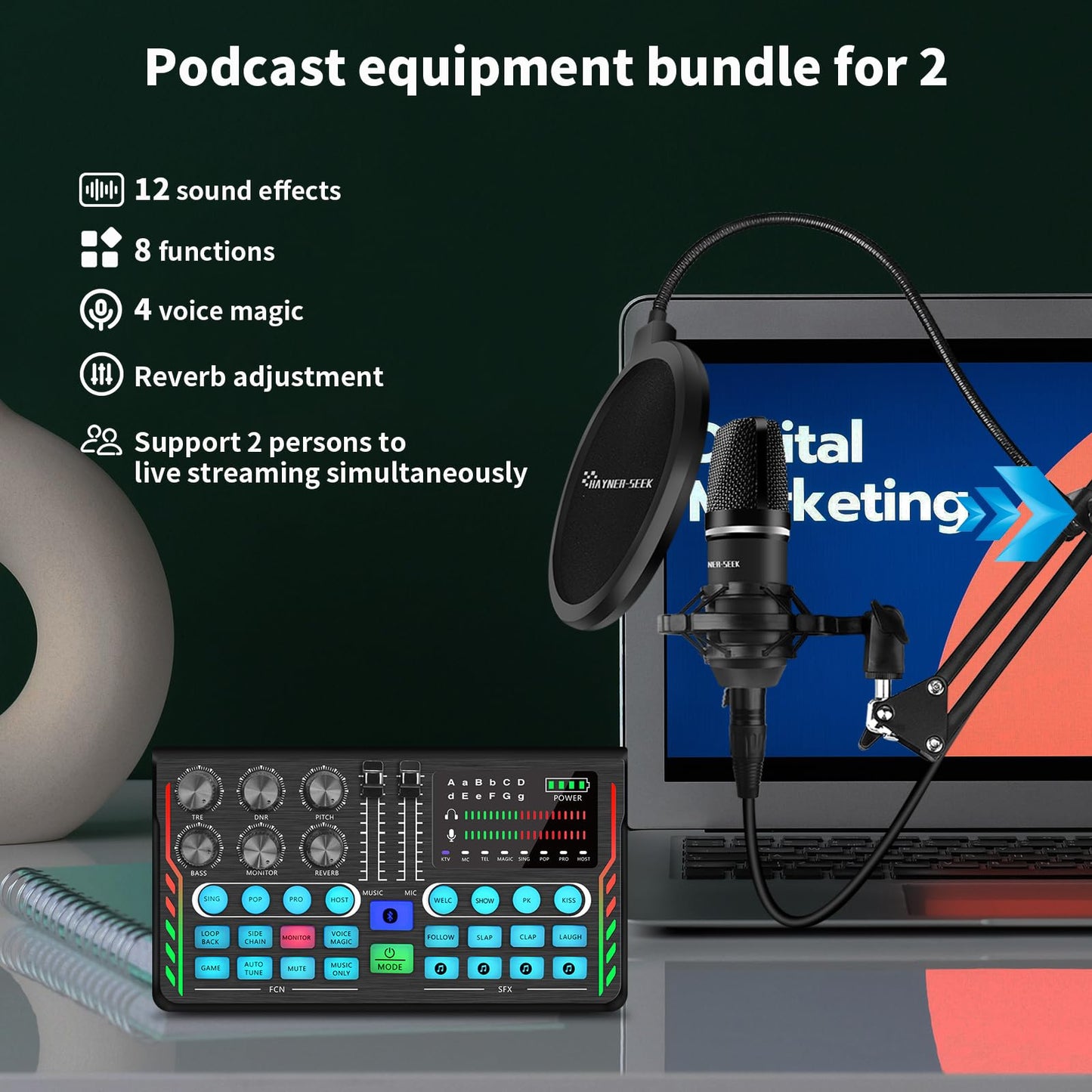 Hayner-Seek Podcast Equipment Bundle For 2, Dj Mixer With 3.5Mm Diaphragm Condenser Microphone For Live Streaming, Podcast Recor