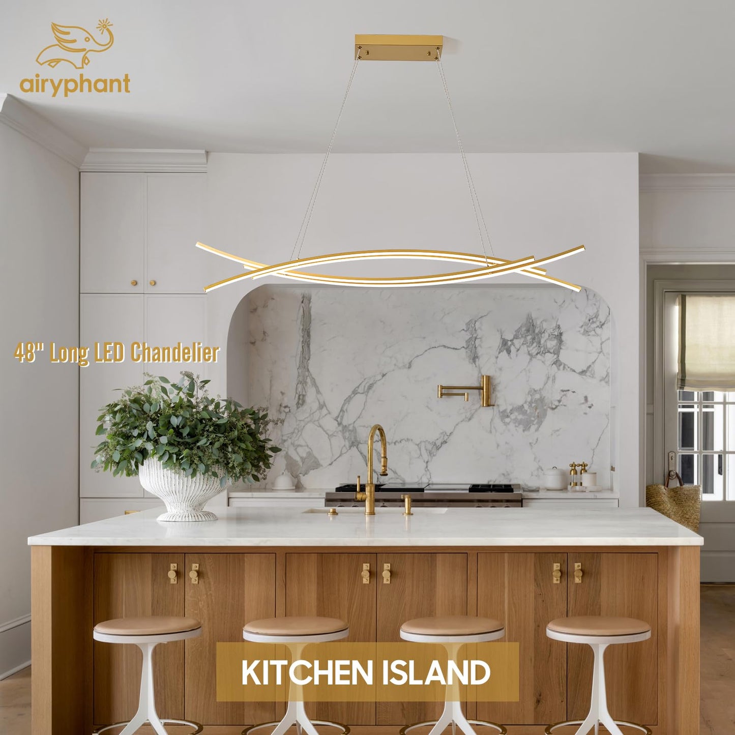 AIRYPHANT 48in Modern LED Chandelier 4-Light Dimmable Pendant Light Remote Control Gold P2018