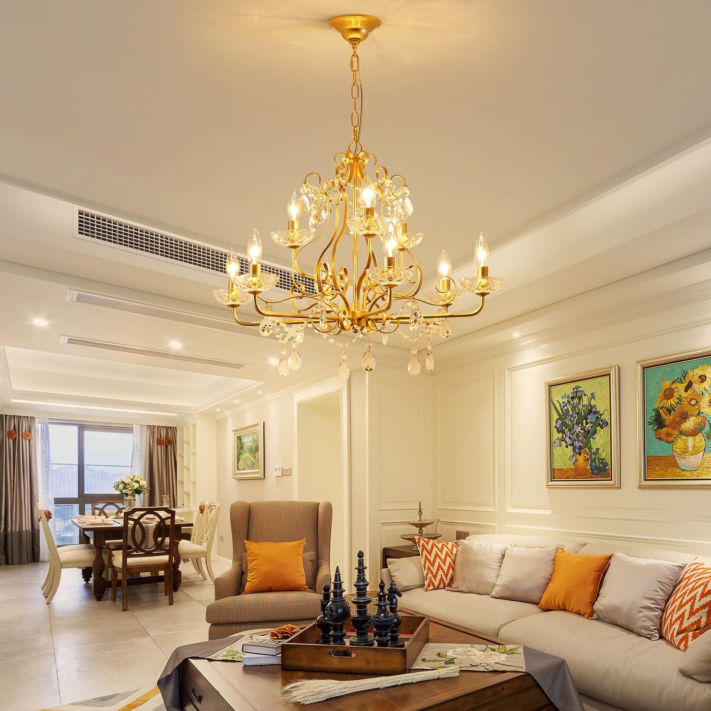 Wuzups 9-Light Crystal Candle Chandelier Pendant Flushmount Ceiling Light Modern Lighting Fixture For Bedroom Hallway Bar Kitchen Bathroom H 18.1 X W 25.6 Gold E12 Base