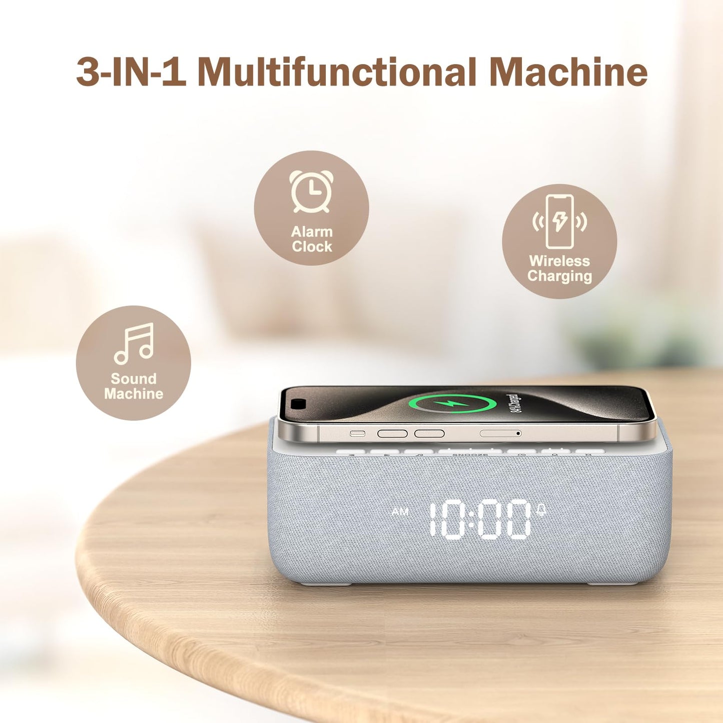REACHER 15W Fast Wireless Charging Alarm Clock with White Noise Machine ā 20 High-Fidelity Sleep Sounds ā Gradual Wake & Unlimited Snooze ā 0ā100% Dimmable Digital Clock for Bedroom & Office