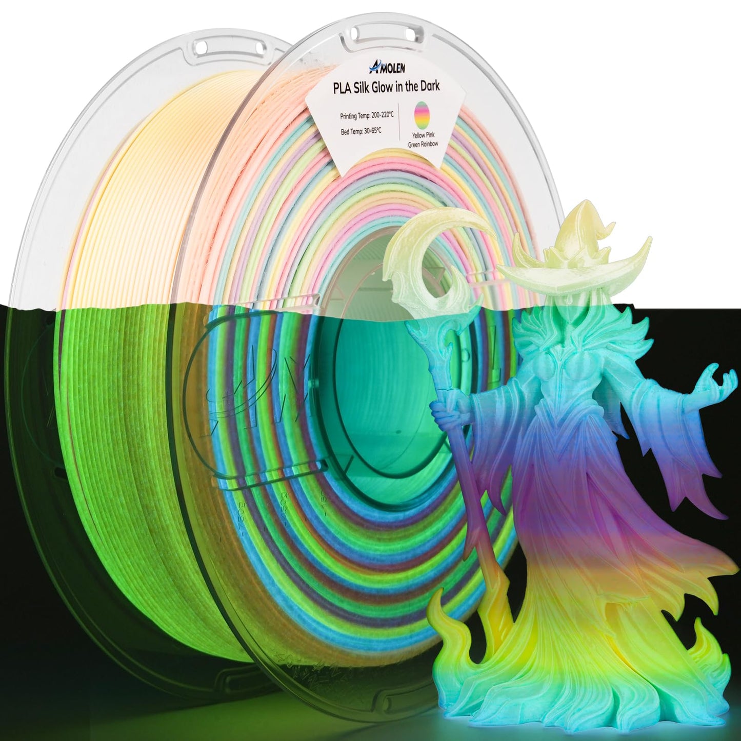 AMOLEN Glow in The Dark Filament Pla Silk Glow 3D Printer Filament, Shiny Multicolor Rainbow PLA Filament 1.75mm, Gradient Color