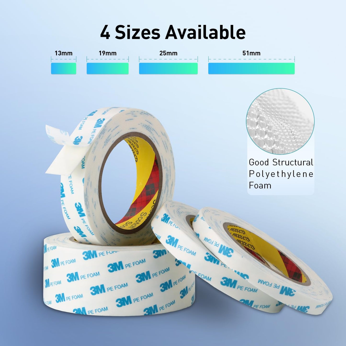 Double Sided Tape Strong Foam Tape 1/2" x 18Ft Made of 3M Heavy Duty Mounting Tape Waterproof PE Foam Adhesive Strips for Posters Alarm Sensors Window Shades and Other Home Office Deco