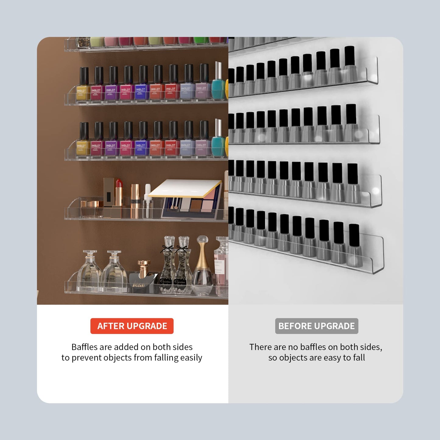 Hexsonhoma 24 Inch Clear Nail Polish Wall Rack with Removable End Caps Set of 6, Acrylic Nail Polish Organizer Wall Mounted,Nail