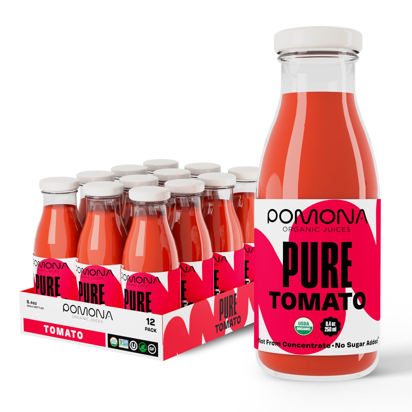 Pomona Organic Juices Pure Tomato Juice 8.4 Ounce Bottle (Pack of 12) Cold Pressed Organic Juice Non-GMO No Sugar Added Not from Concentrate Gluten Free Kosher Certified Preservative Free