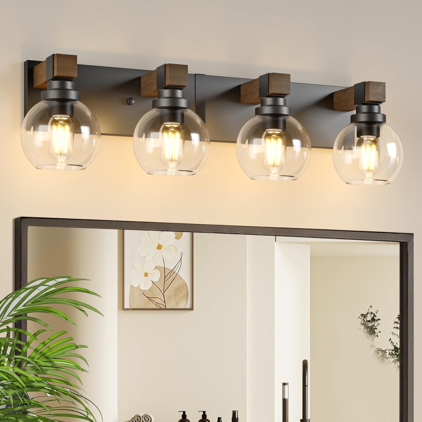 Farmhouse Bathroom Vanity Light Fixtures 4-Light Wood Bathroom Light Fixtures Over Mirror Rustic Sconces Wall Lighting With Glass Shade For Living Room Bedroom Hallway