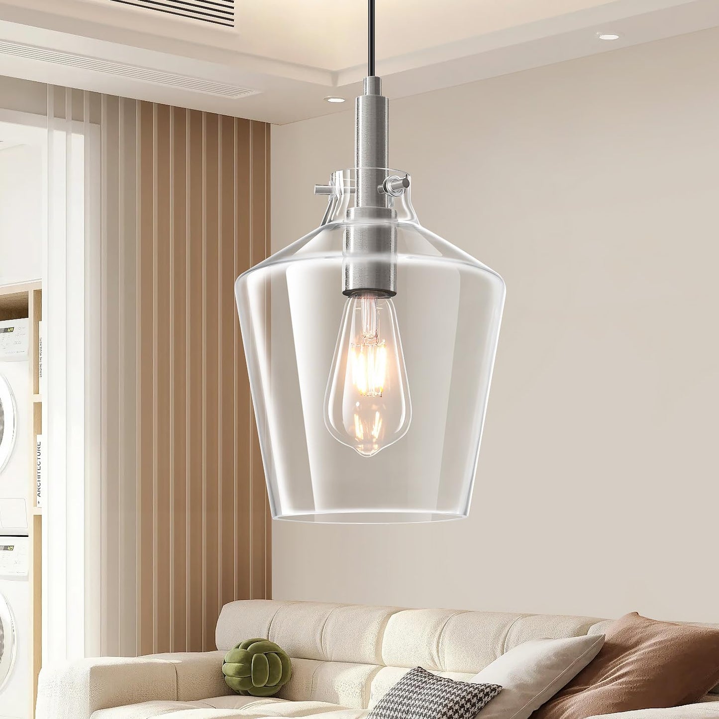 Vaziden Modern Glass Pendant Lighting For Kitchen Island Farmhouse Nickel Pendant Light Fixtures 1 Pack Adjustable Hanging Ceiling Light Angled Clear Glass Shades 8 Inch