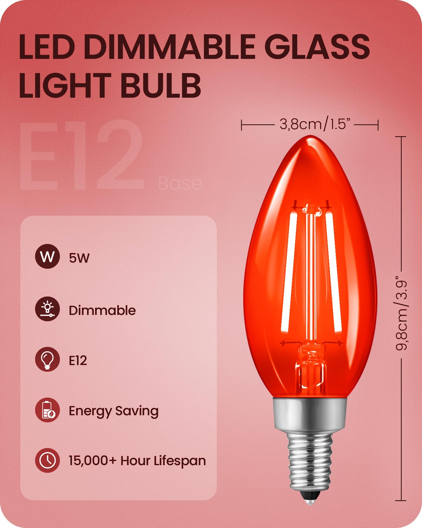 Goebleson Red E12 Led Light Bulbs C35 5W (60W Equivalent) Glass Dimmable Chandelier Bulbs Decorative Lighting For Christmas Halloween Party Holiday Decoration 6 Pack R2C3P605