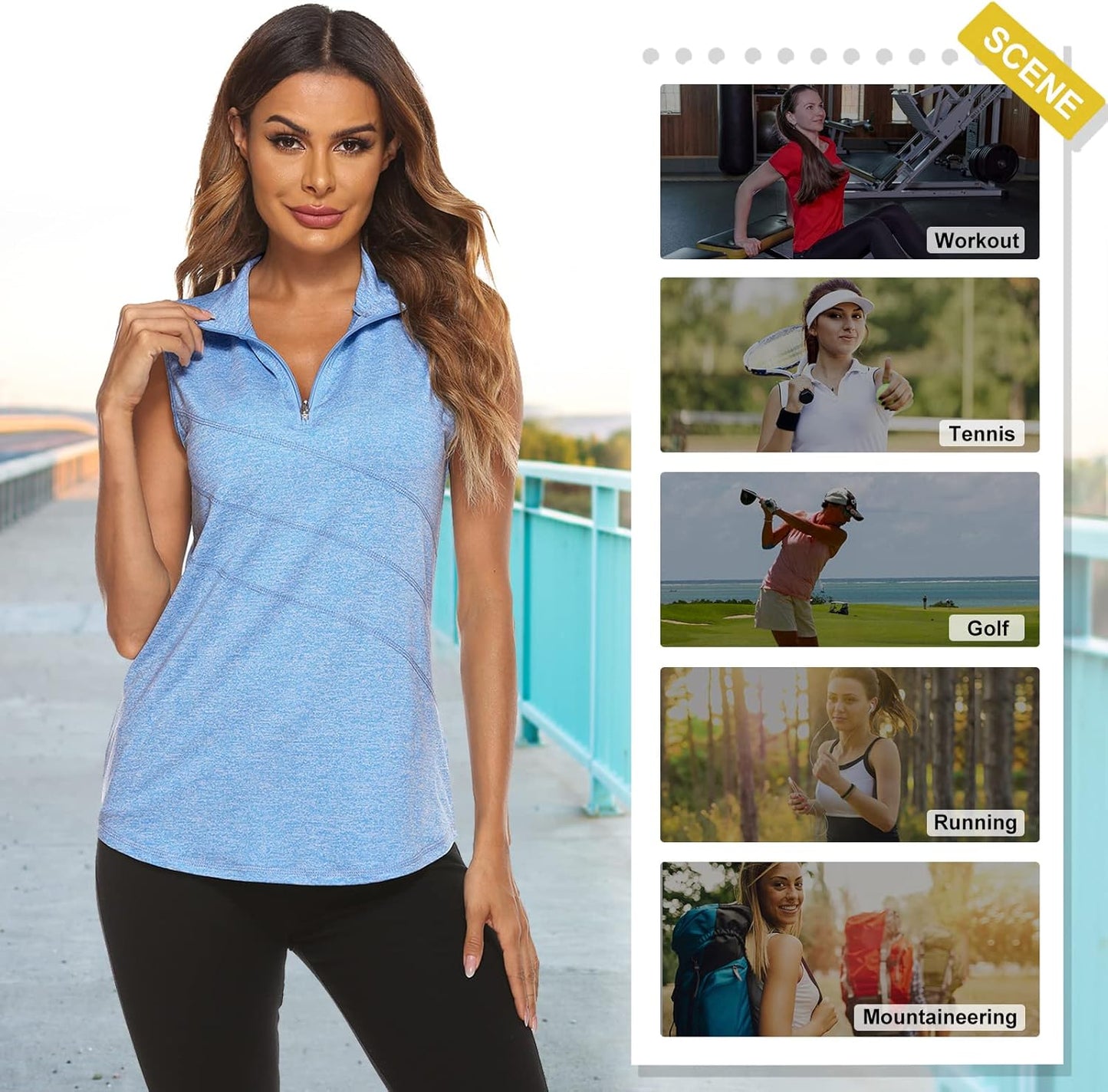 Koscacy Women's Sleeveless Golf Tennis Polo Shirts Zip Up Dry Fit Workout Tank Tops Athletic Shirt