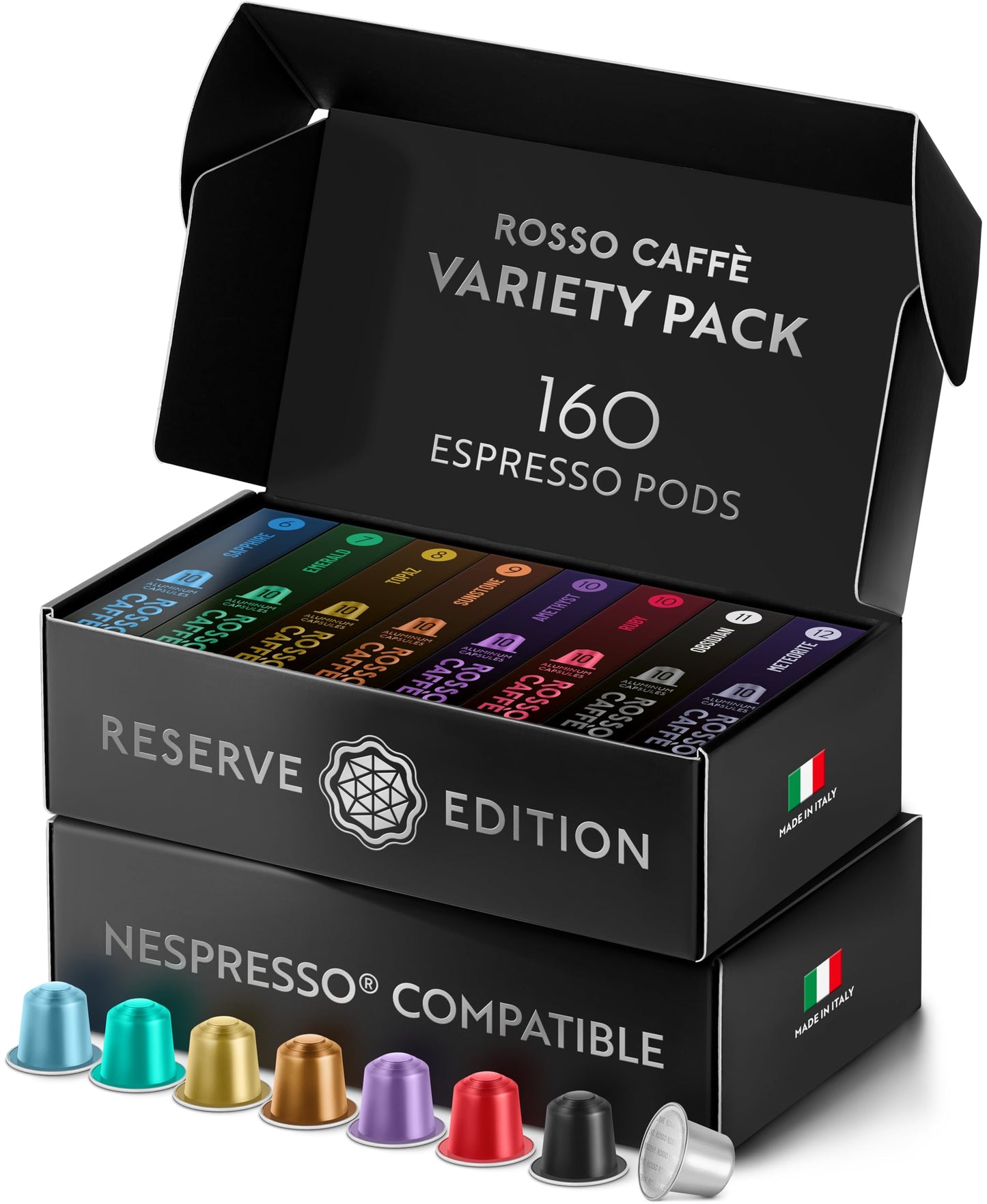 ROSSO CAFF Espresso Coffee Pods Compatible with Nespresso Original Machines Reserve Variety Pack 160 Capsules - Made in Italy