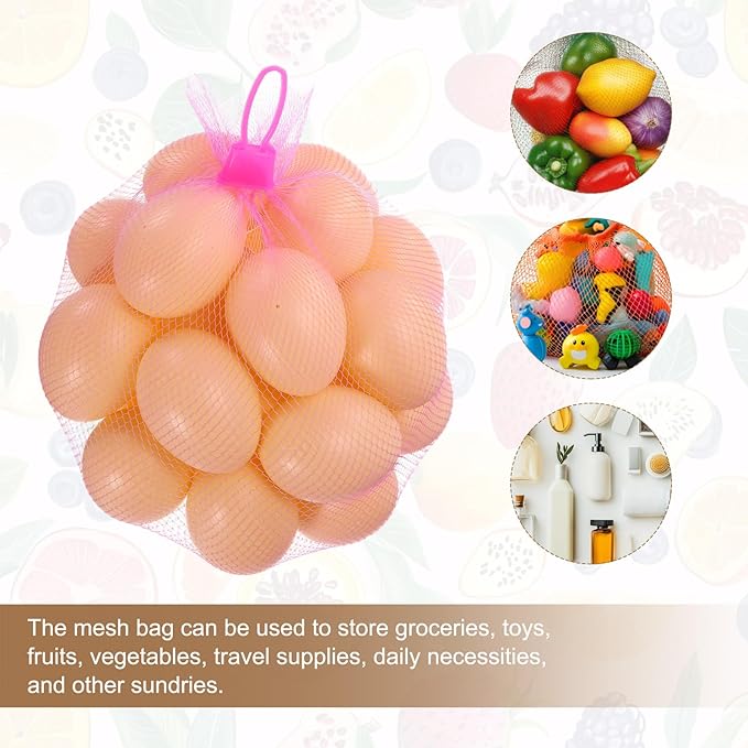 uxcell 100Pcs Reusable Produce Mesh Bags, 30cm Mesh Nylon Netting with Loop-Style Closures, Stretchable Egg Hatching Bags for Fruit Vegetable Storage, Pink