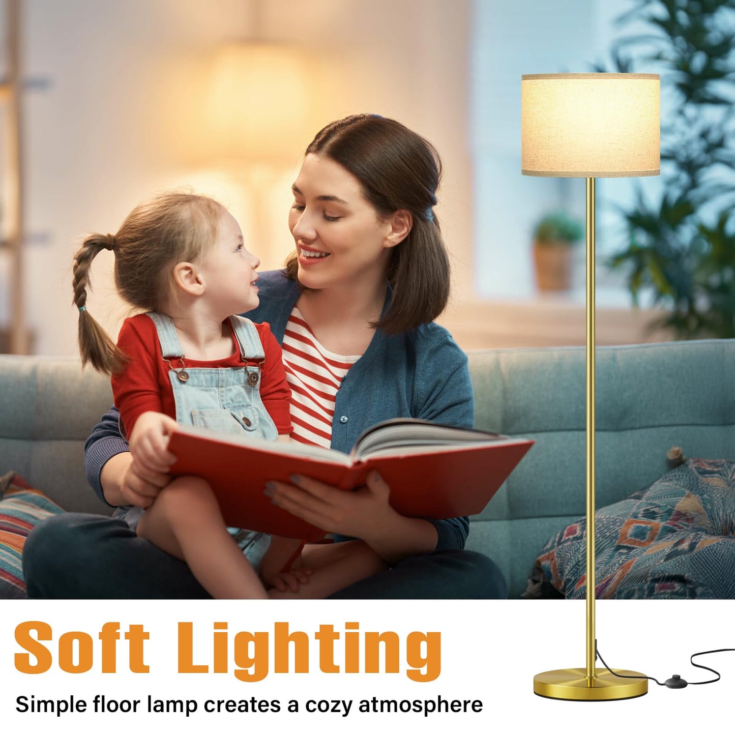 Ambimall 60in Modern Floor Lamp, Metal with Beige Shade & Brushed Gold Pole, Model RPT-ZGB129, Ideal for Living Room, Bedroom, Office
