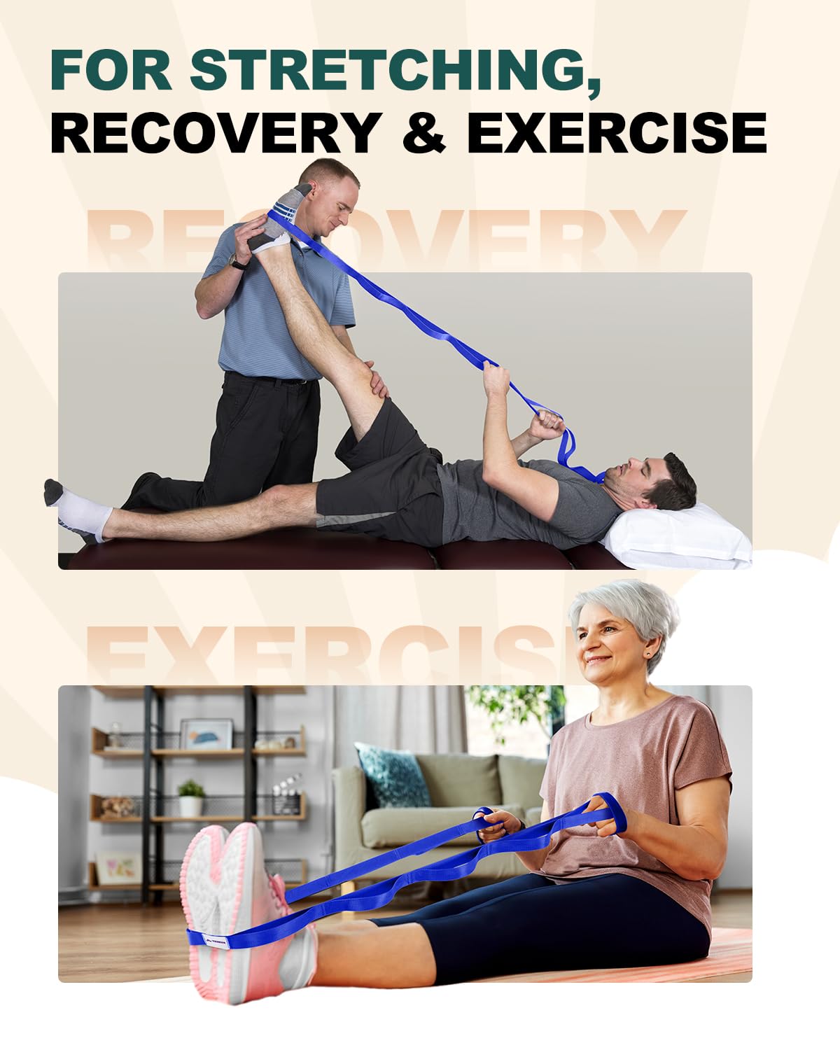 Trideer Stretching Strap Yoga Strap Physical Therapy for Home Workout, Exercise, Pilates and Gymnastics, 10 Loops Non-Elastic Stretch Bands with Aesthetic Packaging for Women & Men (Dark Blue)