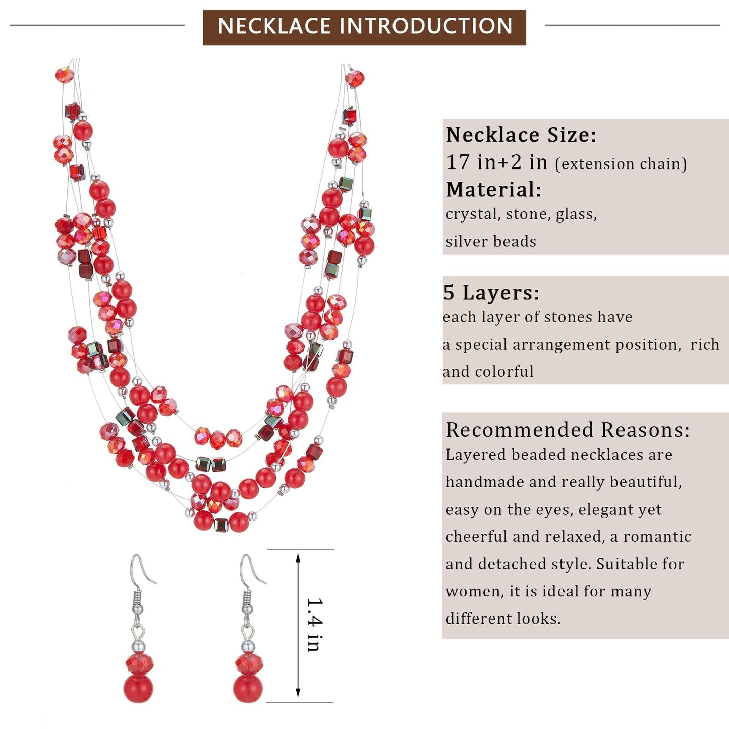 Layered Chunky Statement Necklace for Women Colorful Boho Beaded Necklaces and Earring Set Fashion Costume Jewelry for Women(Red
