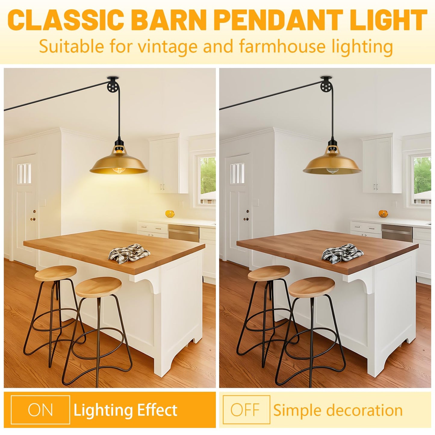 Lomoky Gold Pendant Light, Mid Century Plug-in Ceiling Lamp, 14.76ft Cord, Adjustable Pulley, 2 Pack