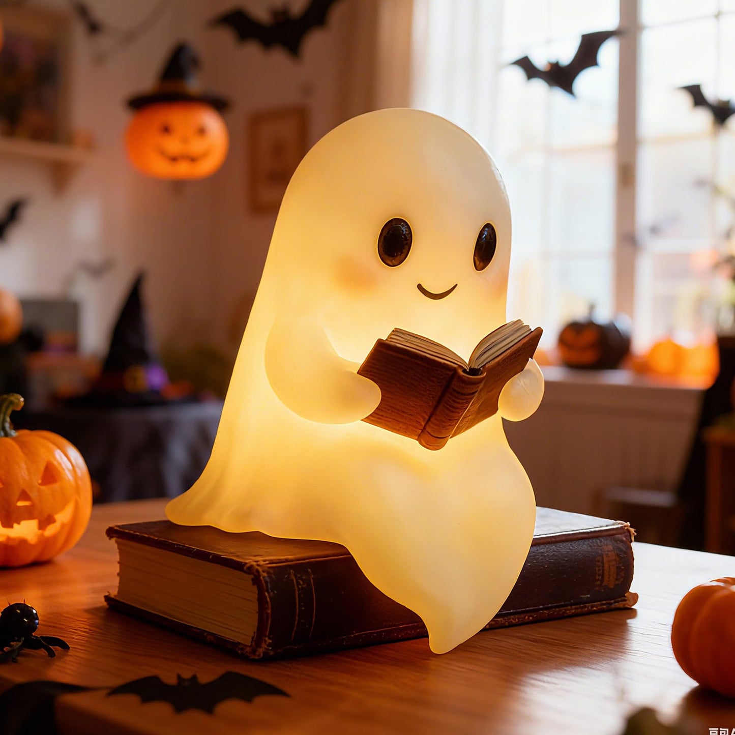 Ghost Reading Book Lamp 7.8In Ghost Night Light Cute Halloween Ghost Figurines Statue Decor Funny Night Lamp Statue For Bedrooms Study Rooms Living Rooms Halloween Decorations Gifts (Big)