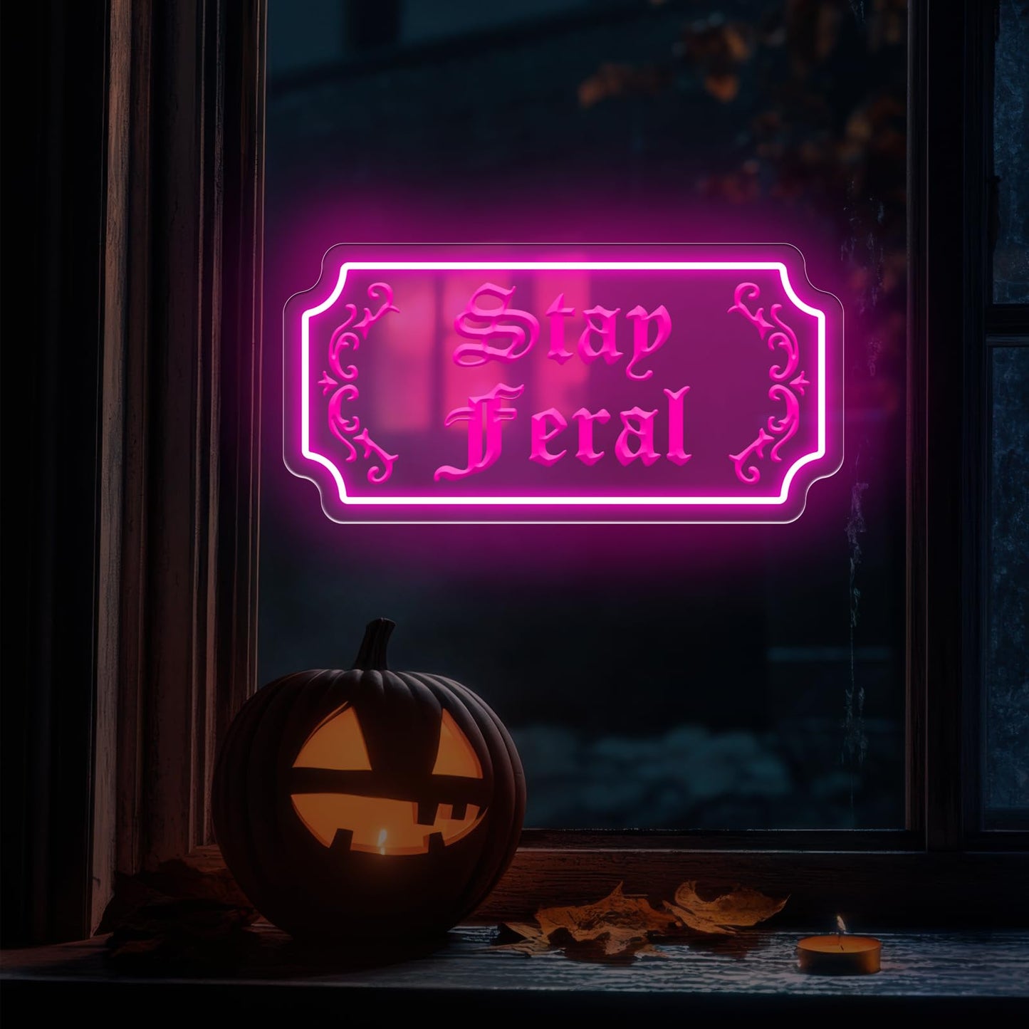 Stay Feral Neon Sign Gothic Decor Led Light Goth Lover Gift Halloween Decoration Bat Neon Sign Decor Ghost Spooky Wall Art 15.7X7.9 Pink