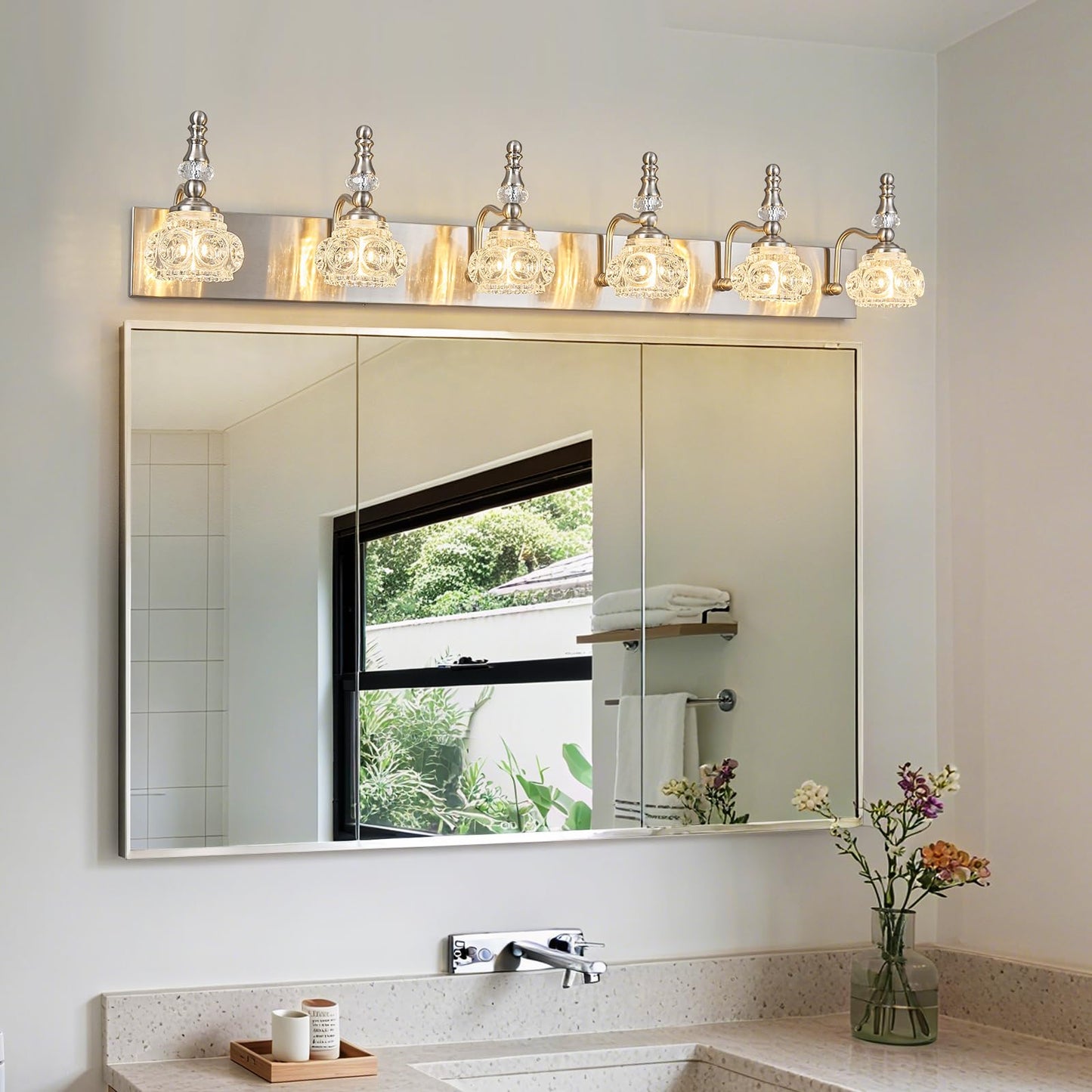 Lbsqj Modern Glass Crystal Vanity Light - Vintage Bathroom Lighting Fixtures Over Mirror 6 Light Vanity Lights G9 Bulb (43.3 Inch Nickel)