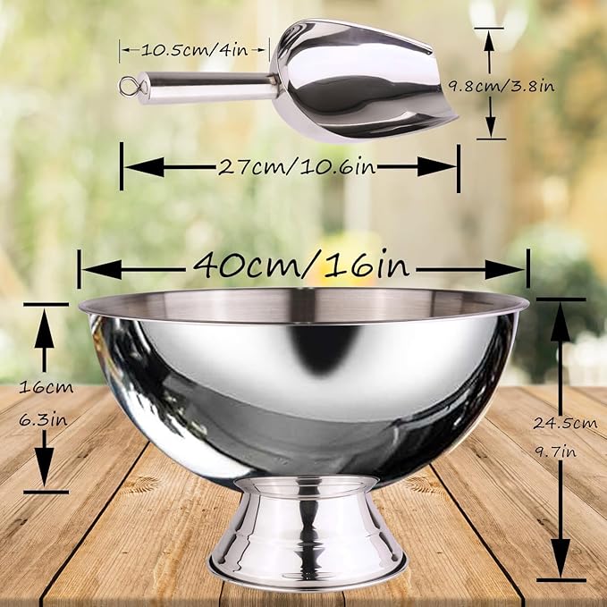 Large Ice Bucket 13L Stainless Steel Champagne Bowl Ice Bucket with Ice Scoop Semicircle Drink Tub with Integrated Base Silver Beverage Tub for Parties, Cocktail Bar, Chilling Wine,2Packs (2 packs)